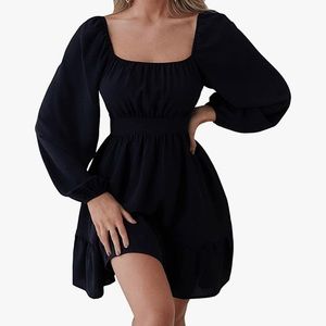 Women's Basic Long Puff Sleeve Square Neck Ruffle Mini A Line Dress NEW LARGE